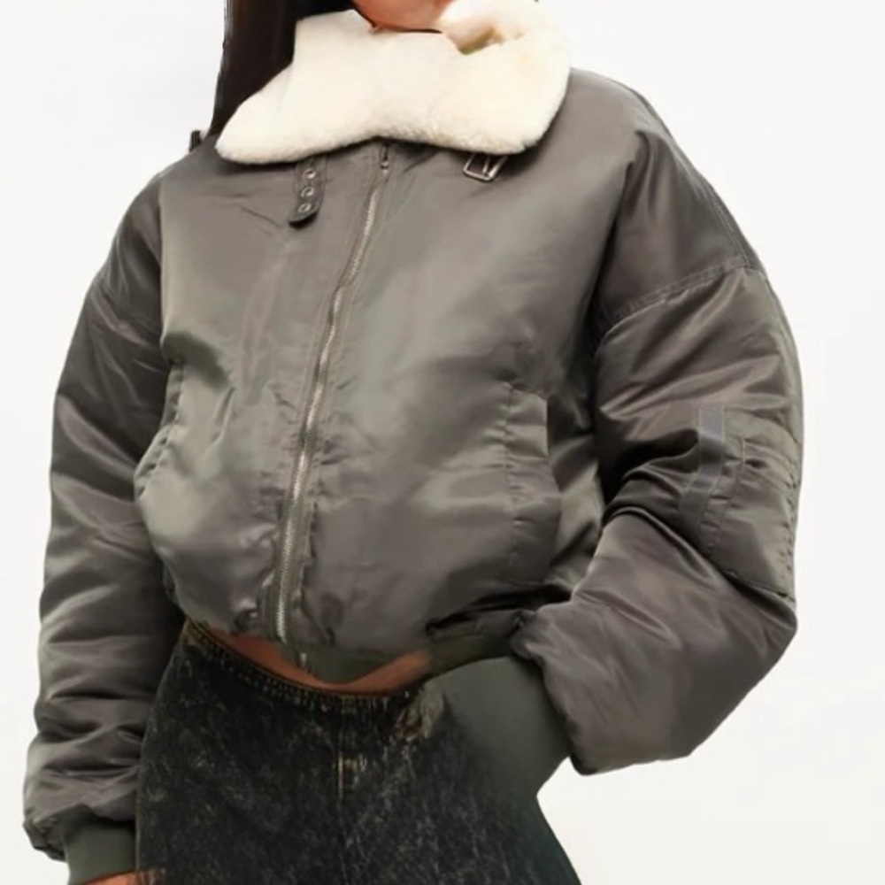 Lioness Gray Bomber Jacket with Cream Collar - Picture 2 of 15